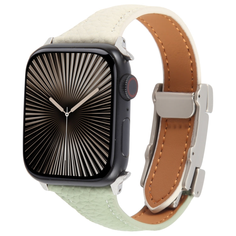 For Apple Watch 46mm / 49mm / 45mm / 44mm Slim Magnetic Buckle Genuine Leather Watch Band(Green Beige) by bashfashion