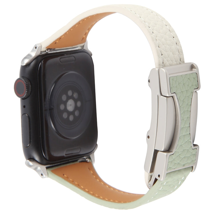 For Apple Watch 46mm / 49mm / 45mm / 44mm Slim Magnetic Buckle Genuine Leather Watch Band(Green Beige) by bashfashion