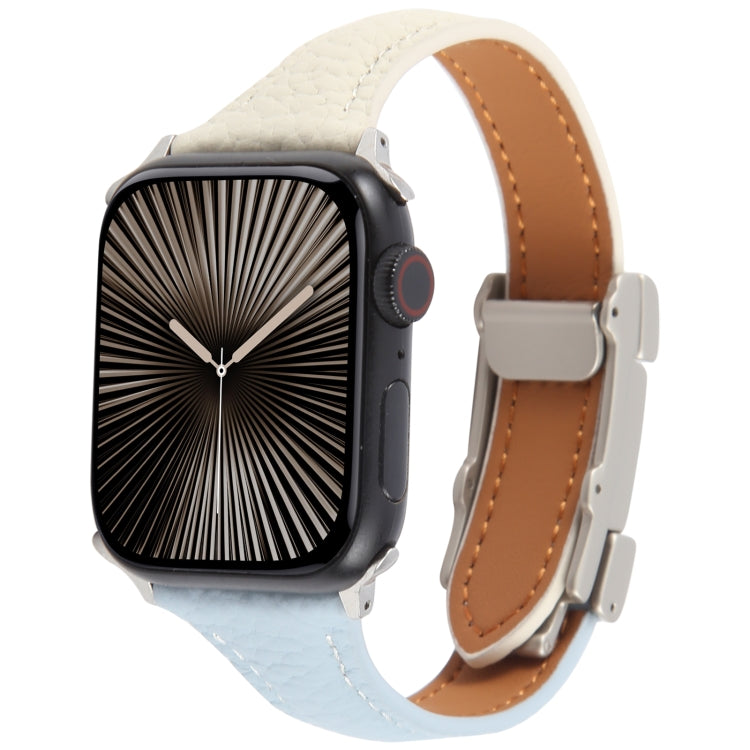 For Apple Watch 42mm / 41mm / 40mm / 38mm Slim Magnetic Buckle Genuine Leather Watch Band(Blue Beige) by bashfashion