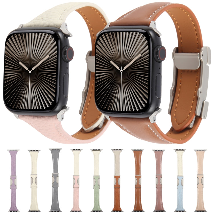 For Apple Watch 46mm / 49mm / 45mm / 44mm Slim Magnetic Buckle Genuine Leather Watch Band(Smoky Purple) by bashfashion