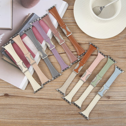 For Apple Watch 46mm / 49mm / 45mm / 44mm Slim Magnetic Buckle Genuine Leather Watch Band(Beige) by bashfashion