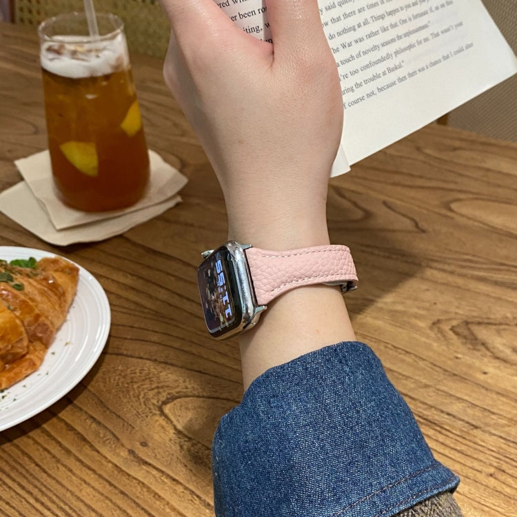 For Apple Watch 46mm / 49mm / 45mm / 44mm Slim Magnetic Buckle Genuine Leather Watch Band(Blue Beige) by bashfashion