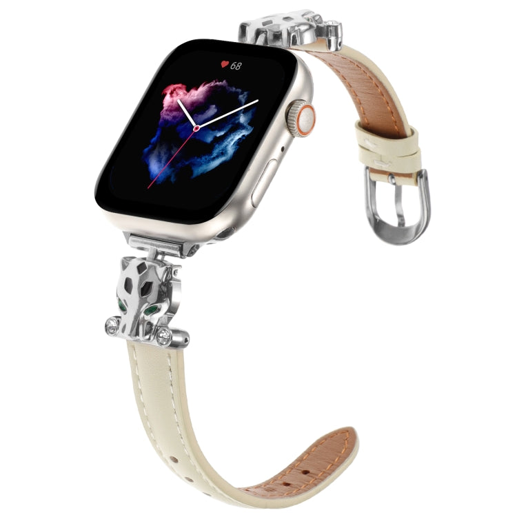 For Apple Watch 46mm / 49mm / 45mm / 44mm Leopard Head Genuine Leather Watch Band(White Silver Buckle) by bashfashion