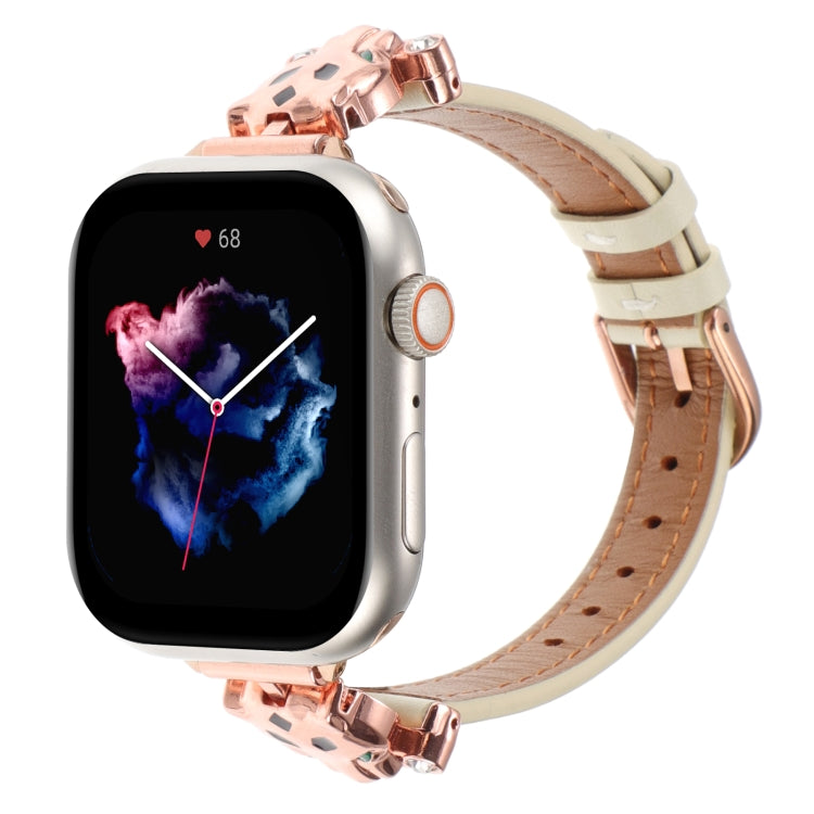 For Apple Watch 42mm / 41mm / 40mm / 38mm Leopard Head Genuine Leather Watch Band(White Rose Gold) by bashfashion