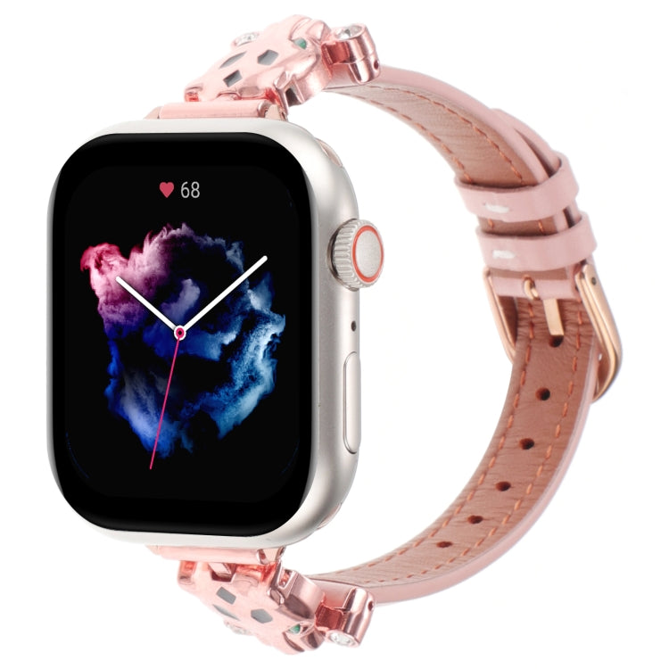 For Apple Watch 42mm / 41mm / 40mm / 38mm Leopard Head Genuine Leather Watch Band(Pink Rose Gold) by bashfashion