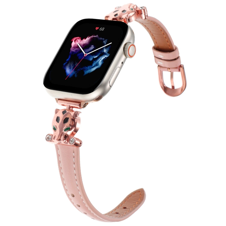 For Apple Watch 42mm / 41mm / 40mm / 38mm Leopard Head Genuine Leather Watch Band(Pink Rose Gold) by bashfashion