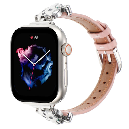 For Apple Watch 42mm / 41mm / 40mm / 38mm Leopard Head Genuine Leather Watch Band(Pink Silver Buckle) by bashfashion