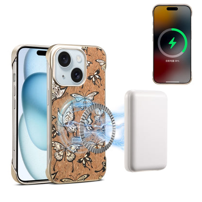 For iPhone 15 Denior A18 WoodenPaint MagSafe Phone Case(Butterflies) by Denior