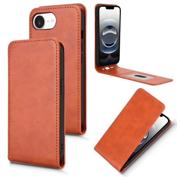 For iPhone 16e Magnetic Vertical Flip Leather Phone Case(Brown) by bashfashion