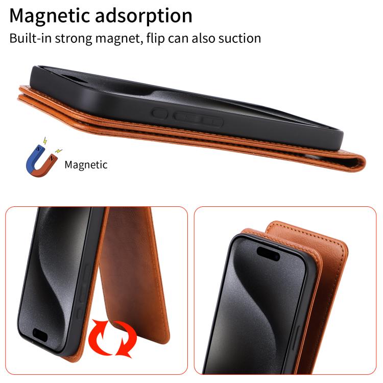For iPhone 16e Magnetic Vertical Flip Leather Phone Case(Brown) by bashfashion