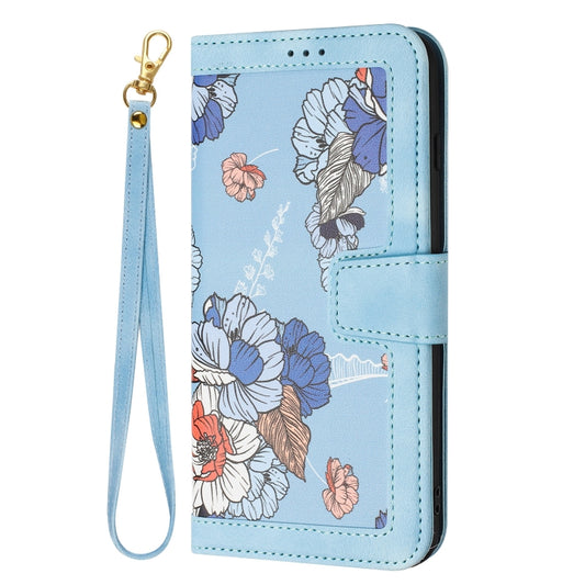 For iPhone 16e Floral Pattern Leather Phone Case with Lanyard(Light Blue) by bashfashion
