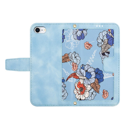 For iPhone 16e Floral Pattern Leather Phone Case with Lanyard(Light Blue) by bashfashion