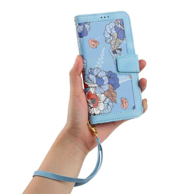 For iPhone 16e Floral Pattern Leather Phone Case with Lanyard(Light Blue) by bashfashion