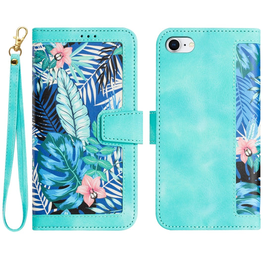 For iPhone 16e Floral Pattern Leather Phone Case with Lanyard(Green) by bashfashion