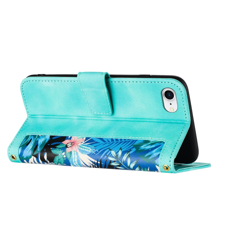 For iPhone 16e Floral Pattern Leather Phone Case with Lanyard(Green) by bashfashion