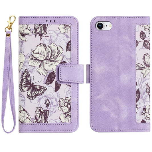 For iPhone 16e Floral Pattern Leather Phone Case with Lanyard(Light Purple) by bashfashion