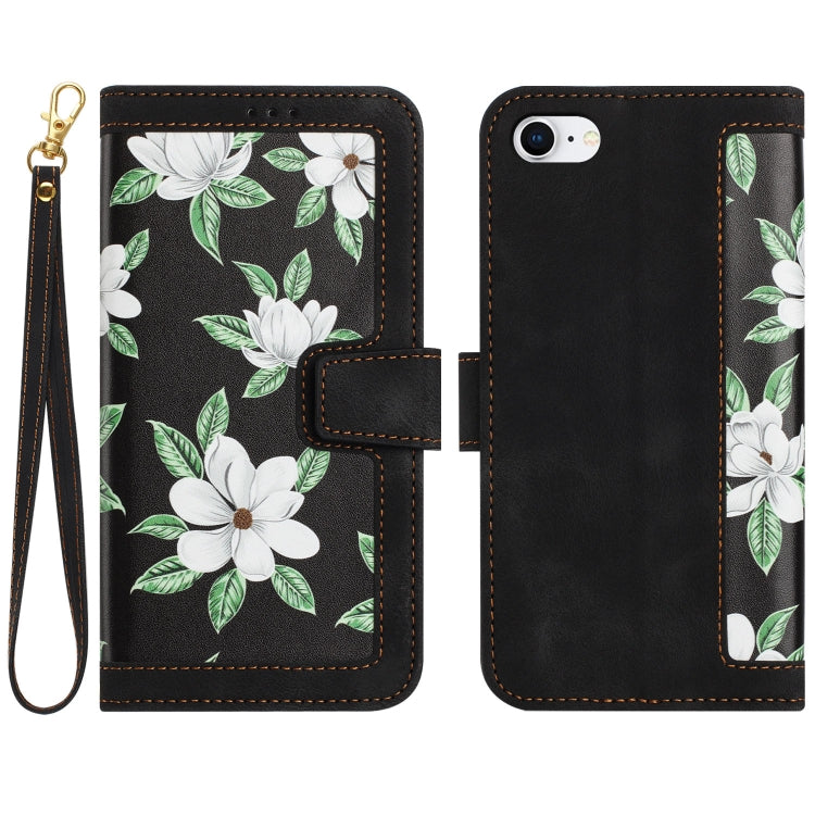 For iPhone 16e Floral Pattern Leather Phone Case with Lanyard(Black) by bashfashion
