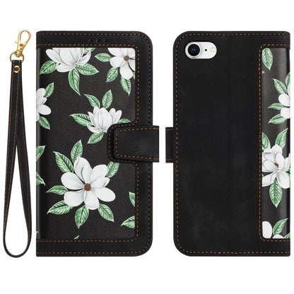 For iPhone 16e Floral Pattern Leather Phone Case with Lanyard(Black) by bashfashion