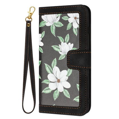 For iPhone 16e Floral Pattern Leather Phone Case with Lanyard(Black) by bashfashion