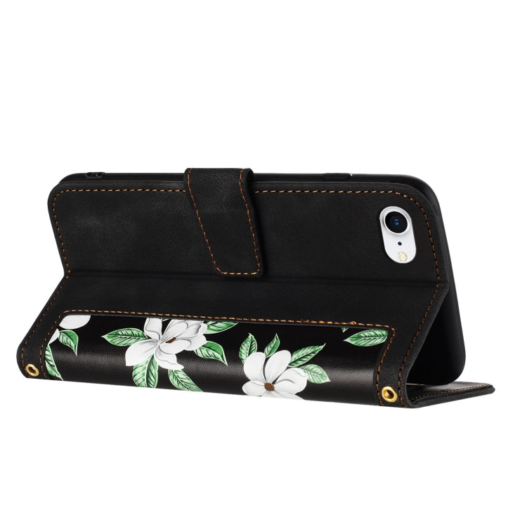 For iPhone 16e Floral Pattern Leather Phone Case with Lanyard(Black) by bashfashion