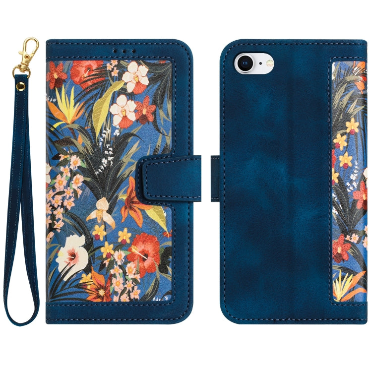 For iPhone 16e Floral Pattern Leather Phone Case with Lanyard(Dark Blue) by bashfashion