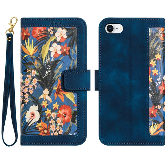 For iPhone 16e Floral Pattern Leather Phone Case with Lanyard(Dark Blue) by bashfashion