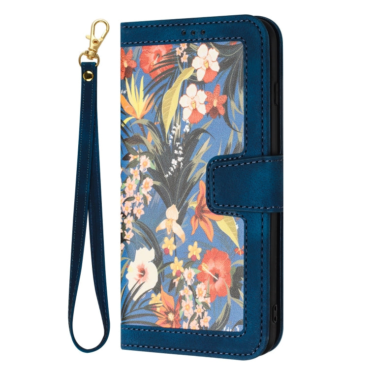 For iPhone 16e Floral Pattern Leather Phone Case with Lanyard(Dark Blue) by bashfashion