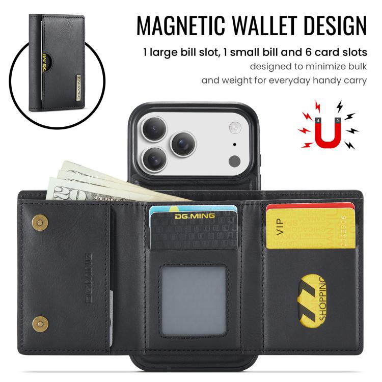 For iPhone 17 Pro Max DG.MING M6 Series RFID Tri-fold Card Bag Removable Leather Phone Case(Black) by DG.MING