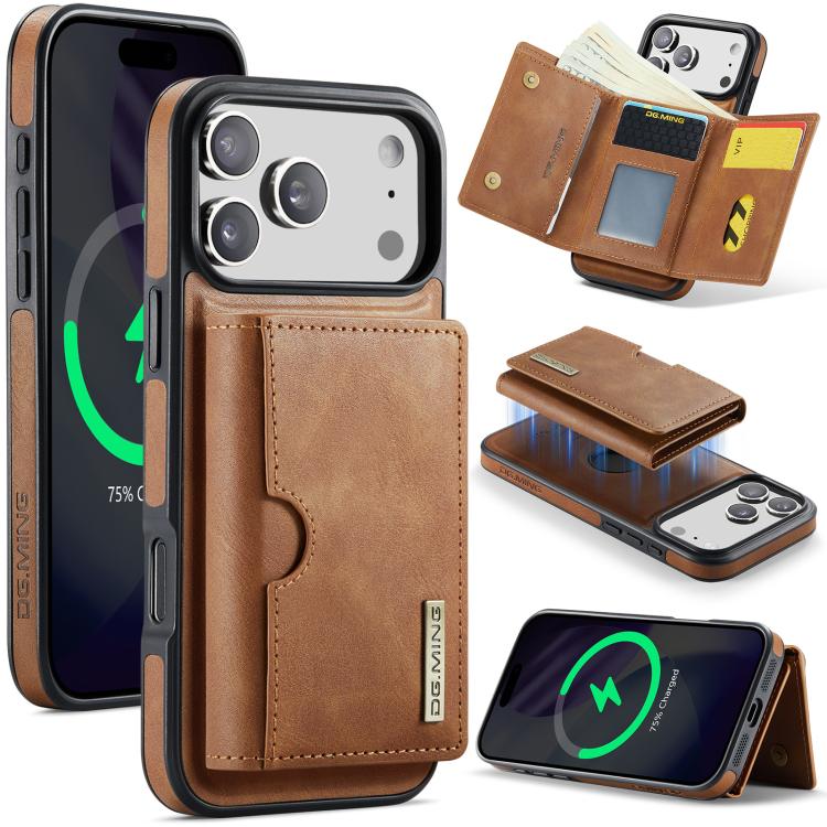 For iPhone 17 Pro Max DG.MING M6 Series RFID Tri-fold Card Bag Removable Leather Phone Case(Brown) by DG.MING