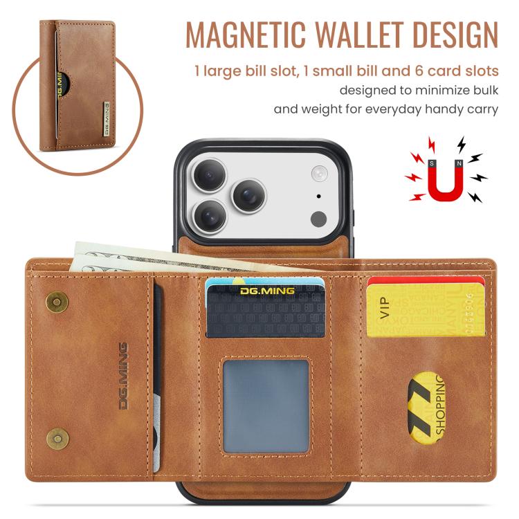 For iPhone 17 Pro Max DG.MING M6 Series RFID Tri-fold Card Bag Removable Leather Phone Case(Brown) by DG.MING