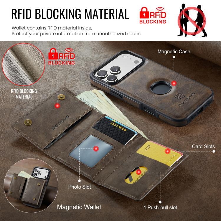 For iPhone 17 Pro Max DG.MING M6 Series RFID Tri-fold Card Bag Removable Leather Phone Case(Coffee) by DG.MING
