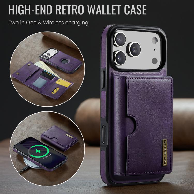 For iPhone 17 Pro Max DG.MING M6 Series RFID Tri-fold Card Bag Removable Leather Phone Case(Purple) by DG.MING