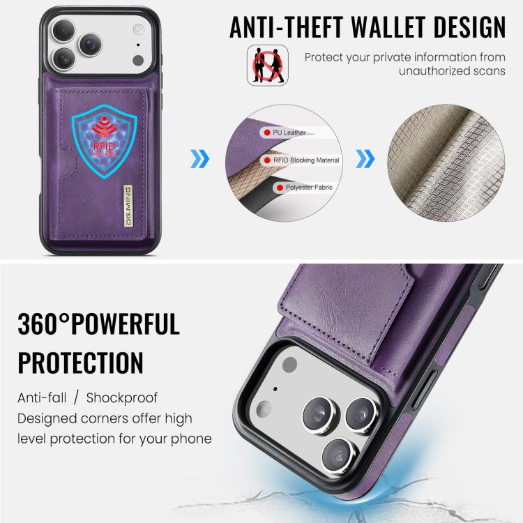 For iPhone 17 Pro Max DG.MING M6 Series RFID Tri-fold Card Bag Removable Leather Phone Case(Purple) by DG.MING