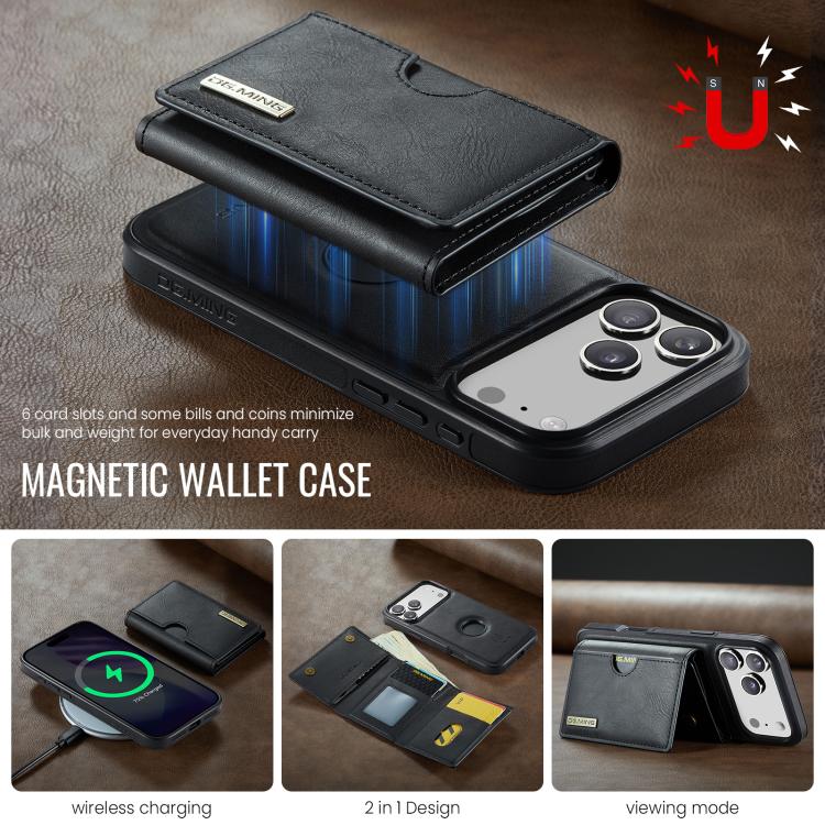 For iPhone 17 Pro DG.MING M6 Series RFID Tri-fold Card Bag Removable Leather Phone Case(Black) by DG.MING