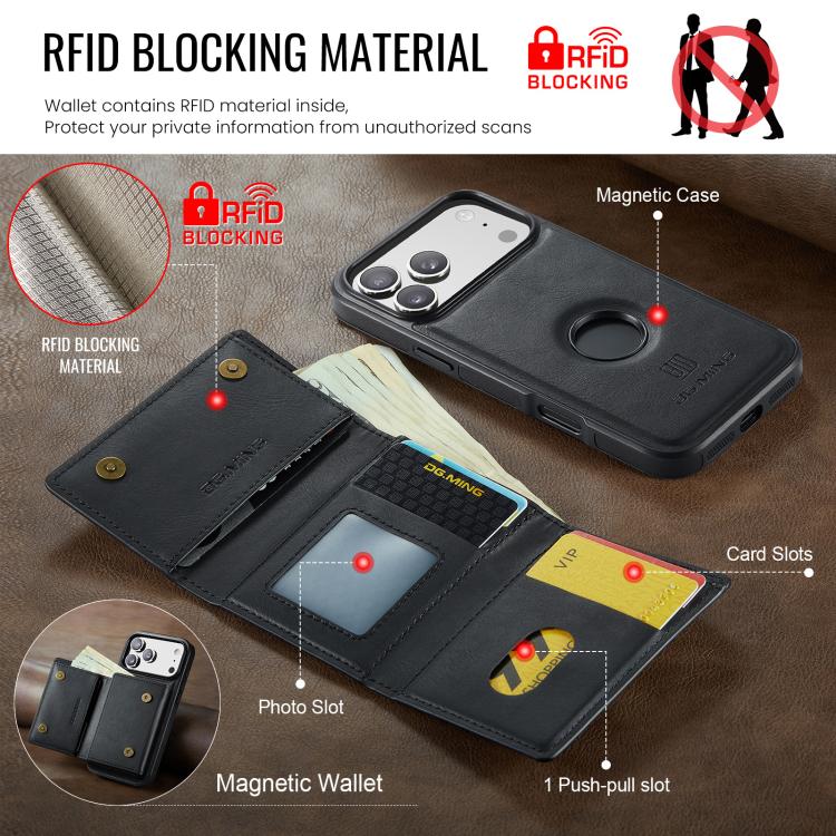 For iPhone 17 Pro DG.MING M6 Series RFID Tri-fold Card Bag Removable Leather Phone Case(Black) by DG.MING