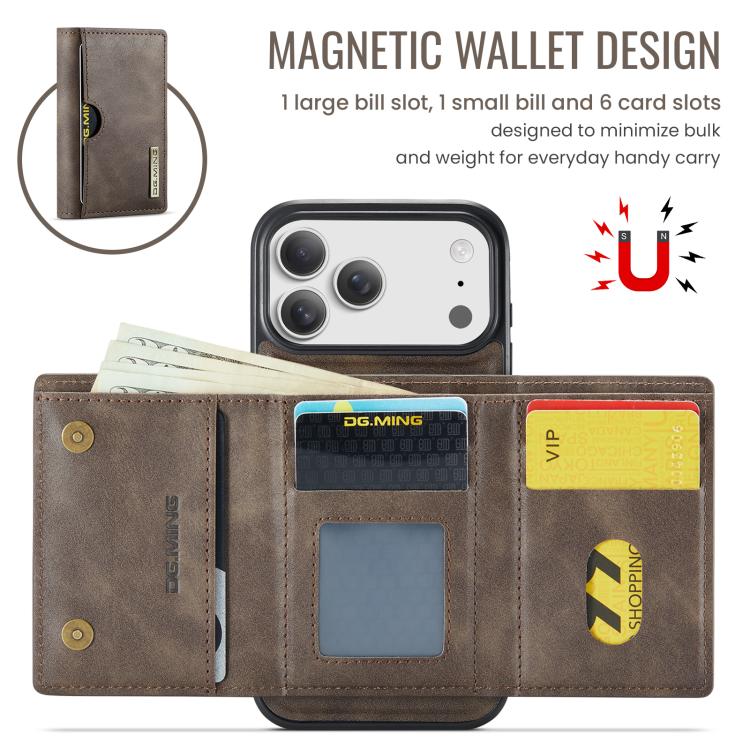 For iPhone 17 Pro DG.MING M6 Series RFID Tri-fold Card Bag Removable Leather Phone Case(Coffee) by DG.MING