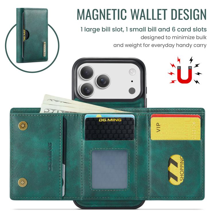 For iPhone 17 Pro DG.MING M6 Series RFID Tri-fold Card Bag Removable Leather Phone Case(Green) by DG.MING
