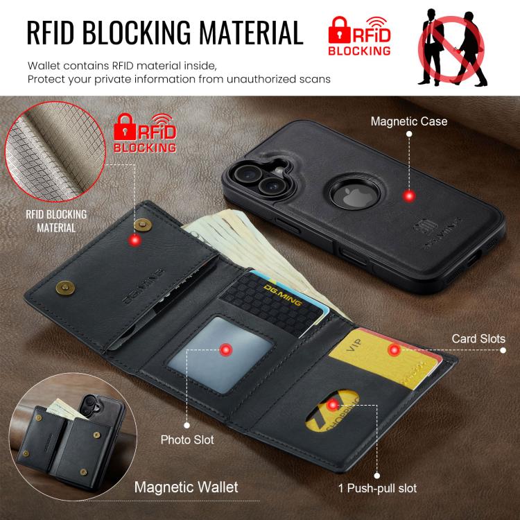 For iPhone 17 DG.MING M6 Series RFID Tri-fold Card Bag Removable Leather Phone Case(Black) by DG.MING