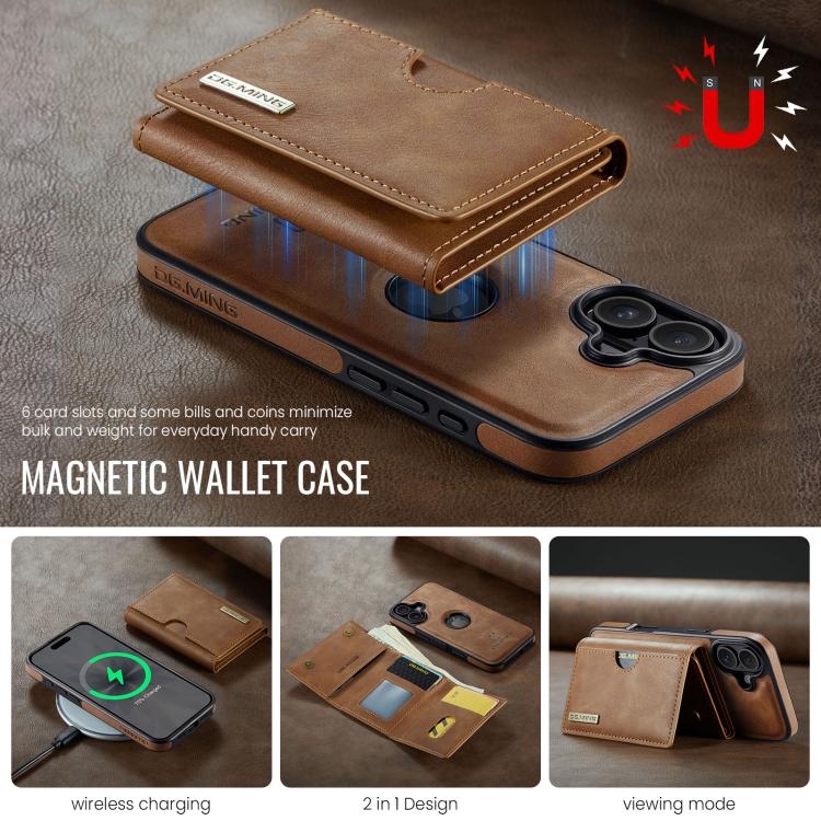 For iPhone 17 DG.MING M6 Series RFID Tri-fold Card Bag Removable Leather Phone Case(Brown) by DG.MING