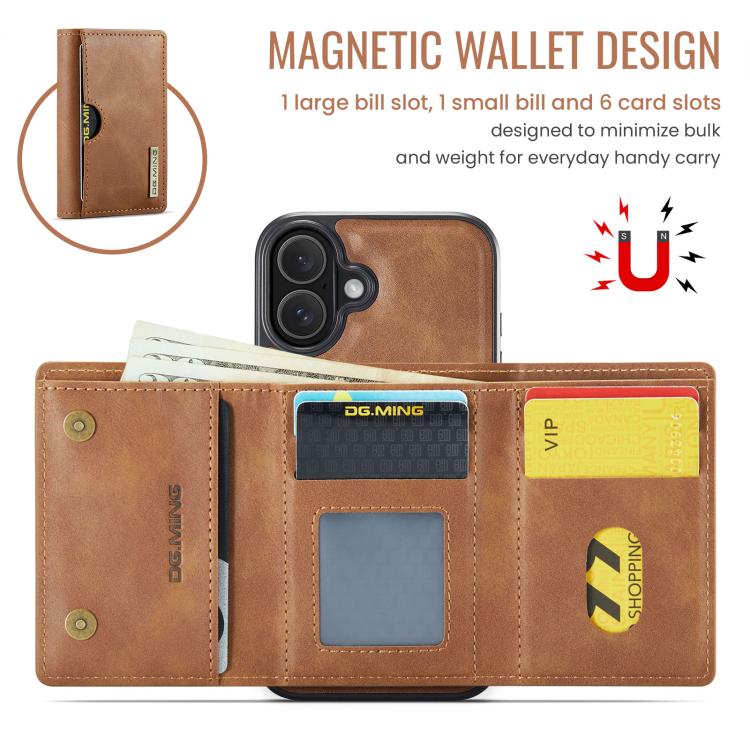 For iPhone 17 DG.MING M6 Series RFID Tri-fold Card Bag Removable Leather Phone Case(Brown) by DG.MING