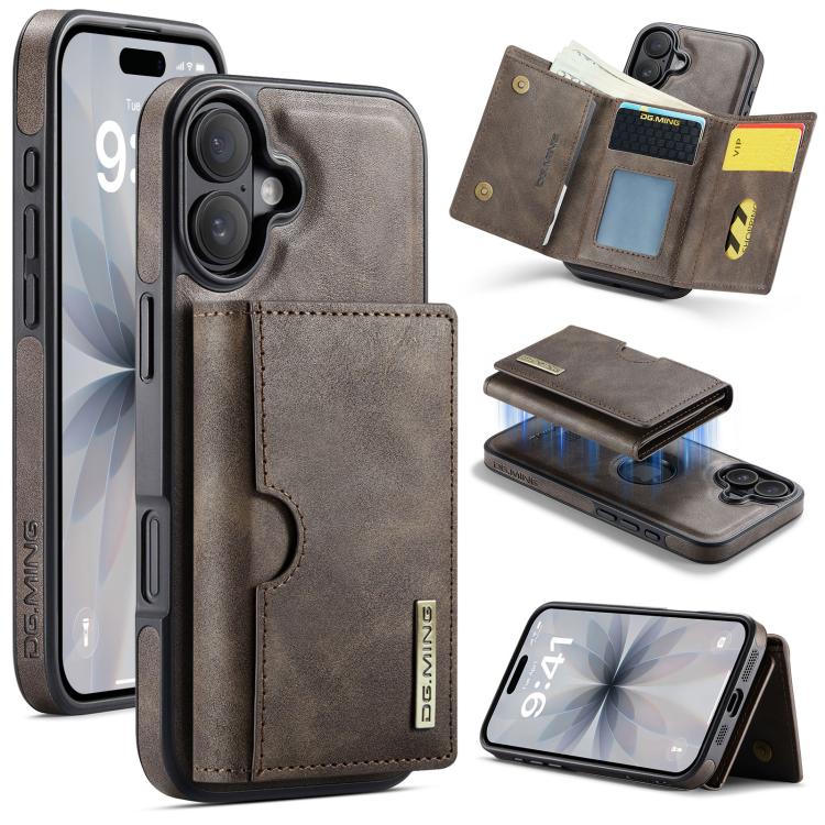 For iPhone 17 DG.MING M6 Series RFID Tri-fold Card Bag Removable Leather Phone Case(Coffee) by DG.MING