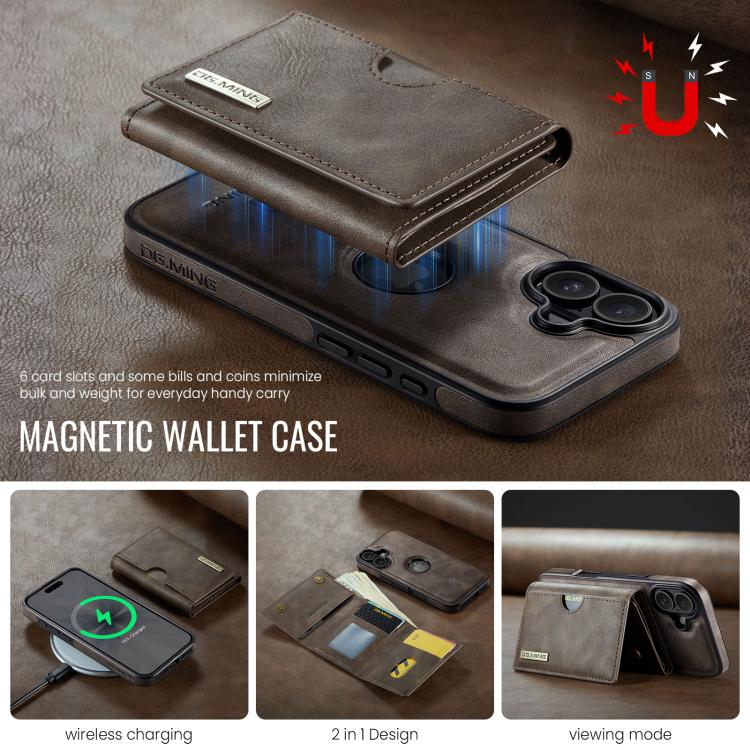 For iPhone 17 DG.MING M6 Series RFID Tri-fold Card Bag Removable Leather Phone Case(Coffee) by DG.MING