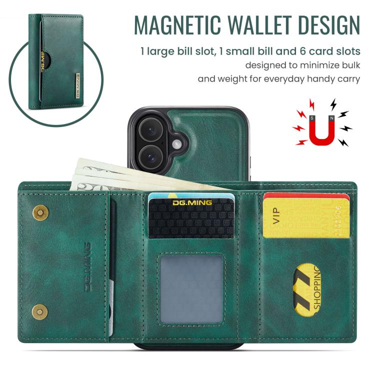 For iPhone 17 DG.MING M6 Series RFID Tri-fold Card Bag Removable Leather Phone Case(Green) by DG.MING