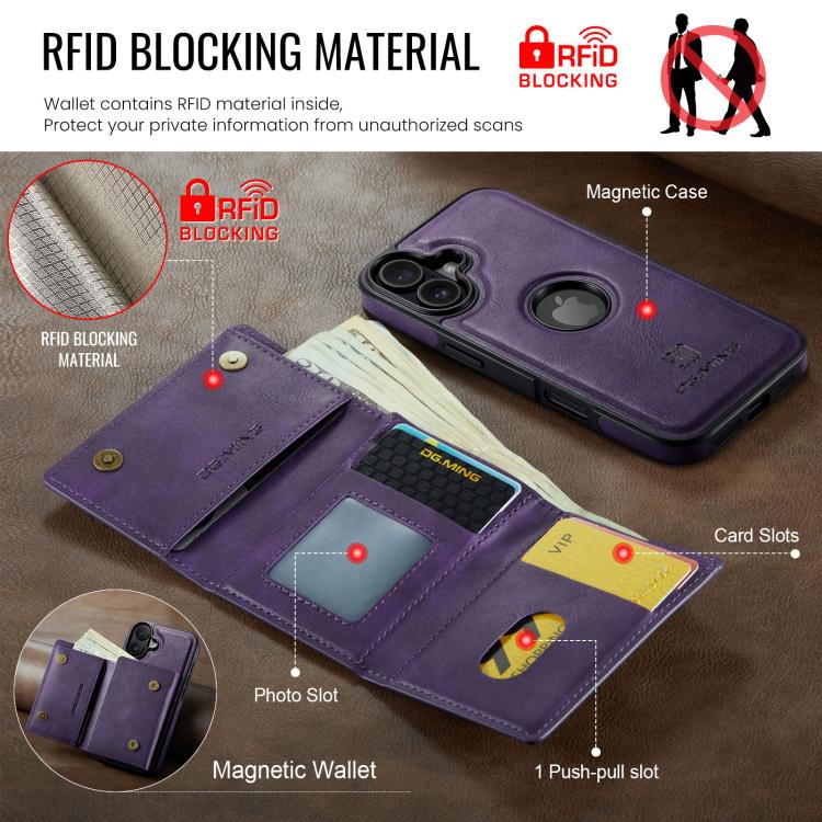 For iPhone 17 DG.MING M6 Series RFID Tri-fold Card Bag Removable Leather Phone Case(Purple) by DG.MING