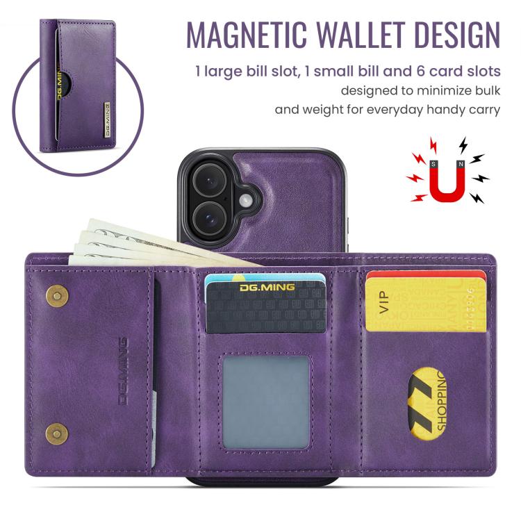 For iPhone 17 DG.MING M6 Series RFID Tri-fold Card Bag Removable Leather Phone Case(Purple) by DG.MING
