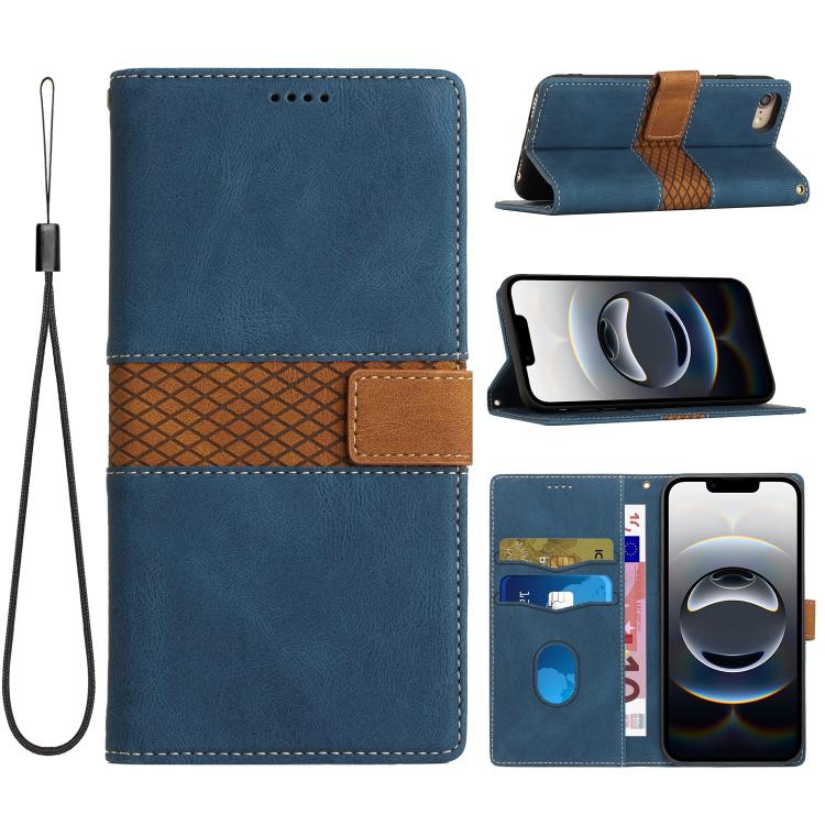 For iPhone 16e Grid Stitching Leather Phone Case with Lanyard(Blue) by bashfashion