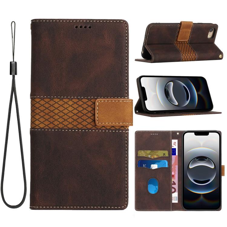 For iPhone 16e Grid Stitching Leather Phone Case with Lanyard(Brown) by bashfashion