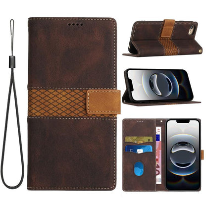 For iPhone 16e Grid Stitching Leather Phone Case with Lanyard(Brown) by bashfashion