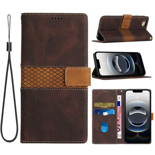 For iPhone 16e Grid Stitching Leather Phone Case with Lanyard(Brown) by bashfashion