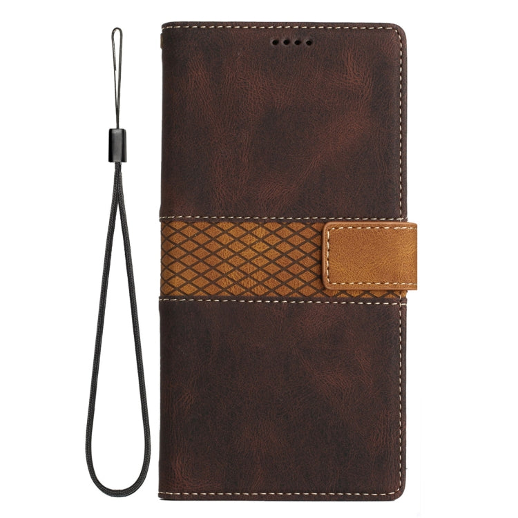 For iPhone 16e Grid Stitching Leather Phone Case with Lanyard(Brown) by bashfashion